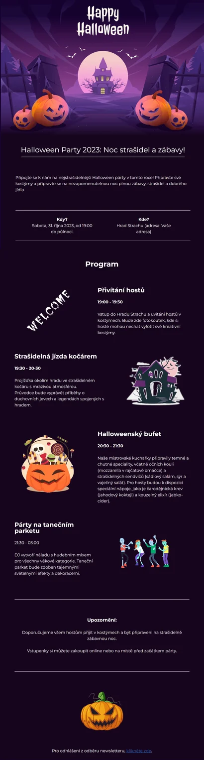Halloween e-mailová šablona pro marketingovou kampaň s tematickým designem